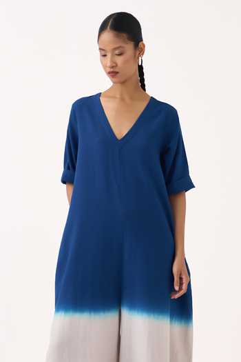 Buy Three Grey Cotton, Twill V-neck Dip Dye Jumpsuit Buy_Three_Grey Cotton, Twill V-neck Dip Dye Jumpsuit