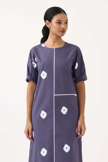 Three Purple Poplin Round Neck Printed Regular Fit Dress at Aza Fashions Three_Purple Poplin Round Neck Printed Regular Fit Dress _at_Aza_Fashions
