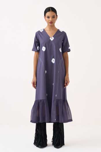 Three Silk, Crepe, Poplin V-neck Block Print Dress Online at Aza Fashions Three_Silk, Crepe, Poplin V-neck Block Print Dress _Online_at_Aza_Fashions