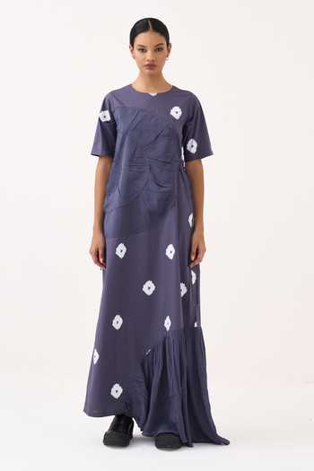 Three Silk, Crepe, Poplin Round Neck Block Print Dress at Aza Fashions Three_Silk, Crepe, Poplin Round Neck Block Print Dress _at_Aza_Fashions