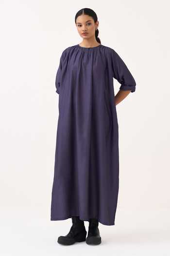Three Gather Neck Loose Fit Bemberg Maxi Dress