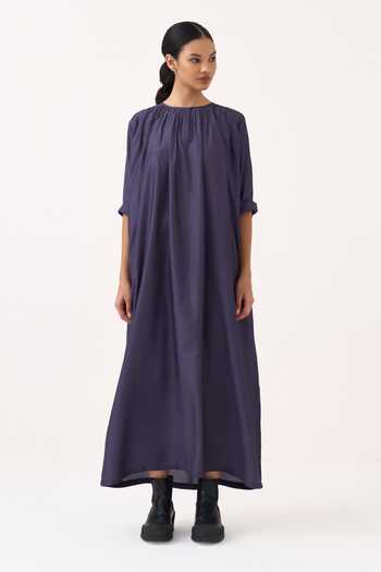 Three Purple Bemberg Round Neck Gather Loose Fit Maxi Dress Online at Aza Fashions Three_Purple Bemberg Round Neck Gather Loose Fit Maxi Dress _Online_at_Aza_Fashions