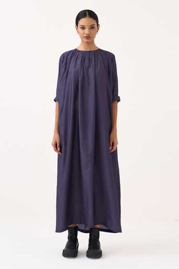 Buy Three Purple Bemberg Round Neck Gather Loose Fit Maxi Dress Online at Aza Fashions Buy_Three_Purple Bemberg Round Neck Gather Loose Fit Maxi Dress _Online_at_Aza_Fashions