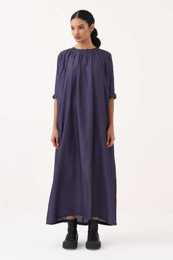 Shop Three Purple Bemberg Round Neck Gather Loose Fit Maxi Dress Online at Aza Fashions Shop_Three_Purple Bemberg Round Neck Gather Loose Fit Maxi Dress _Online_at_Aza_Fashions