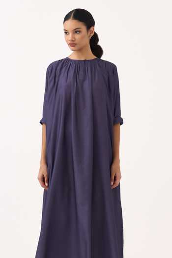 Buy Three Purple Bemberg Round Neck Gather Loose Fit Maxi Dress Buy_Three_Purple Bemberg Round Neck Gather Loose Fit Maxi Dress