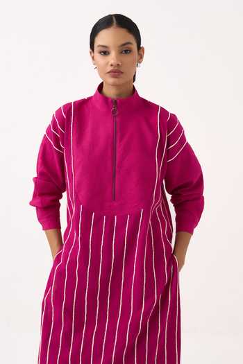 Three Pink Cotton Collared Neck Striped Handwoven Kurta Online at Aza Fashions Three_Pink Cotton Collared Neck Striped Handwoven Kurta _Online_at_Aza_Fashions