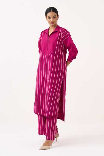 Shop Three Pink Cotton Collared Neck Striped Handwoven Kurta Online at Aza Fashions Shop_Three_Pink Cotton Collared Neck Striped Handwoven Kurta _Online_at_Aza_Fashions