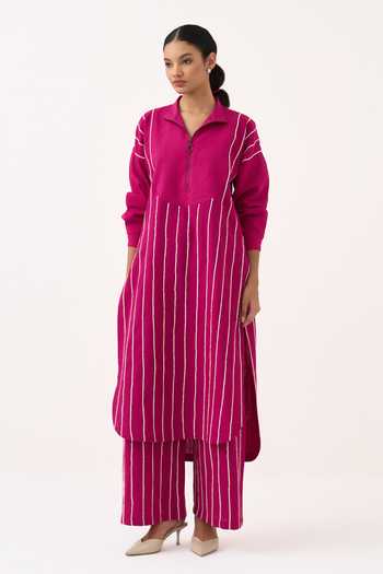 Three Pink Cotton Collared Neck Striped Handwoven Kurta at Aza Fashions Three_Pink Cotton Collared Neck Striped Handwoven Kurta _at_Aza_Fashions