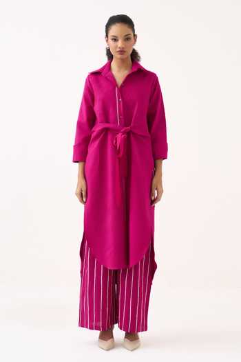 Three_Pink Cotton Collared Neck, Yes Front Knot Handwoven Tunic _Online_at_Aza_Fashions