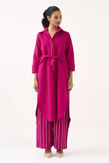 Buy_Three_Pink Cotton Collared Neck, Yes Front Knot Handwoven Tunic _Online_at_Aza_Fashions