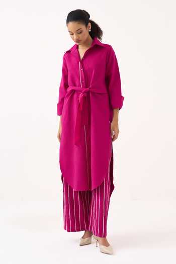Shop_Three_Pink Cotton Collared Neck, Yes Front Knot Handwoven Tunic _Online_at_Aza_Fashions