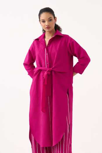 Three_Pink Cotton Collared Neck, Yes Front Knot Handwoven Tunic _at_Aza_Fashions