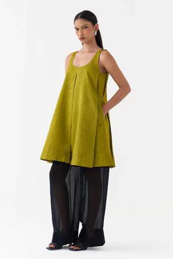 Three Lime Chanderi Scoop Neck Crushed Kurta Online at Aza Fashions Three_Lime Chanderi Scoop Neck Crushed Kurta _Online_at_Aza_Fashions