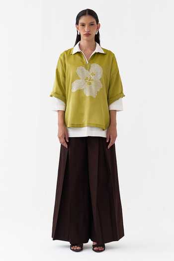 Shop Three Lime Tissue, Poplin V-, Collared Metallic T- And Set Online at Aza Fashions Shop_Three_Lime Tissue, Poplin V-, Collared Metallic T- And Set _Online_at_Aza_Fashions