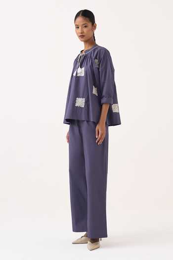 Three Purple Poplin Open Neck Wave Embroidery Top Online at Aza Fashions Three_Purple Poplin Open Neck Wave Embroidery Top _Online_at_Aza_Fashions