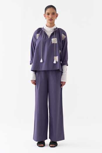 Three Purple Poplin Open Neck Wave Embroidery Top at Aza Fashions Three_Purple Poplin Open Neck Wave Embroidery Top _at_Aza_Fashions
