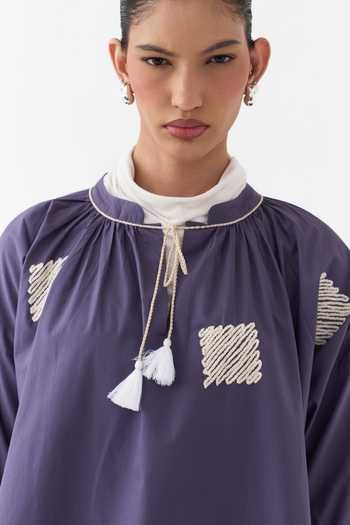 Buy Three Purple Poplin Open Neck Wave Embroidery Top Buy_Three_Purple Poplin Open Neck Wave Embroidery Top