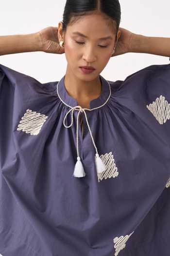 Shop Three Purple Poplin Open Neck Wave Embroidery Top Shop_Three_Purple Poplin Open Neck Wave Embroidery Top