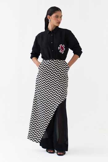 Shop Three Black Cotton, Organza Chevron Heavy Twill Draped Skirt Online at Aza Fashions Shop_Three_Black Cotton, Organza Chevron Heavy Twill Draped Skirt _Online_at_Aza_Fashions