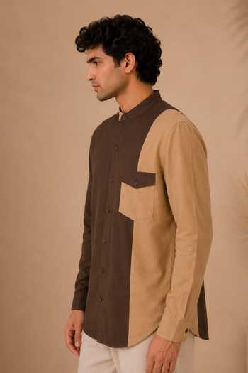 Mayank Modi - Men_Beige Cotton Brown And Colorblock Shirt _Online_at_Aza_Fashions
