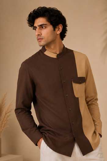 Buy_Mayank Modi - Men_Beige Cotton Brown And Colorblock Shirt _Online_at_Aza_Fashions