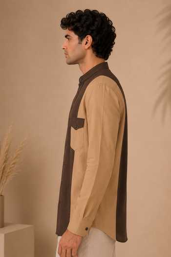Shop_Mayank Modi - Men_Beige Cotton Brown And Colorblock Shirt _Online_at_Aza_Fashions
