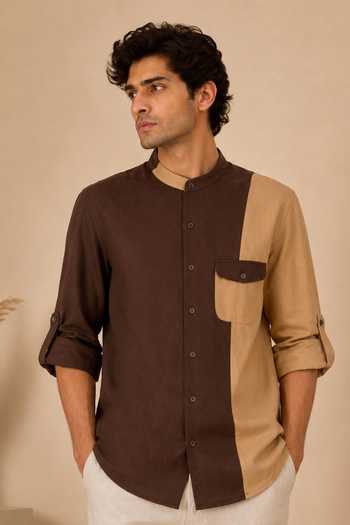 Mayank Modi - Men Brown & Beige Colorblock Shirt