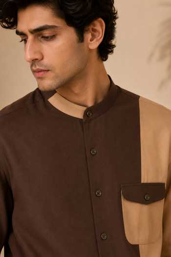 Mayank Modi - Men_Beige Cotton Brown And Colorblock Shirt _at_Aza_Fashions