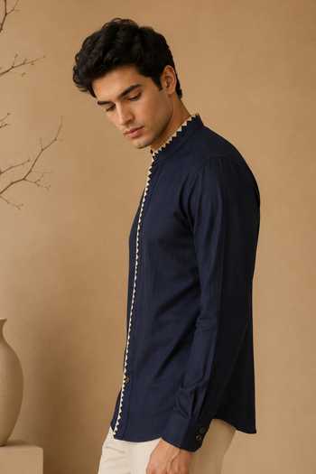 Mayank Modi - Men Blue Cotton Navy Malai Shirt Online at Aza Fashions Mayank Modi - Men_Blue Cotton Navy Malai Shirt _Online_at_Aza_Fashions