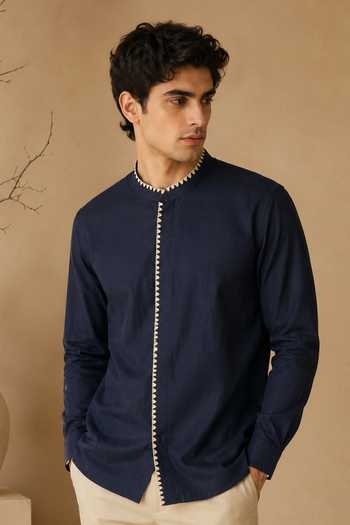 Mayank Modi - Men Navy Blue Malai Cotton Shirt