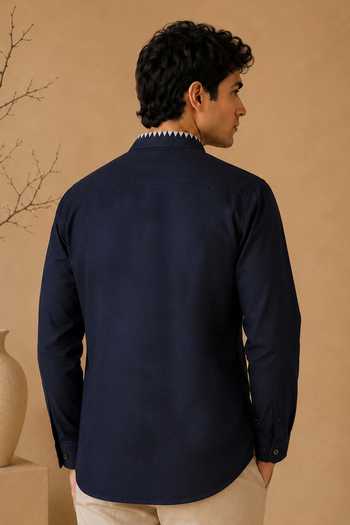 Mayank Modi - Men Navy Blue Malai Cotton Shirt