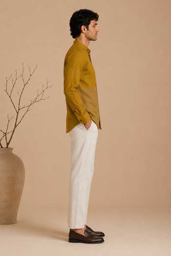 Mayank Modi - Men Yellow Cotton Mustard Shirt Online at Aza Fashions Mayank Modi - Men_Yellow Cotton Mustard Shirt _Online_at_Aza_Fashions