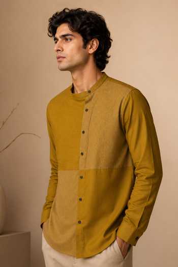 Shop Mayank Modi - Men Yellow Cotton Mustard Shirt Online at Aza Fashions Shop_Mayank Modi - Men_Yellow Cotton Mustard Shirt _Online_at_Aza_Fashions
