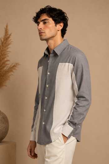 Mayank Modi - Men_White Cotton Grey And Malai Shirt _Online_at_Aza_Fashions