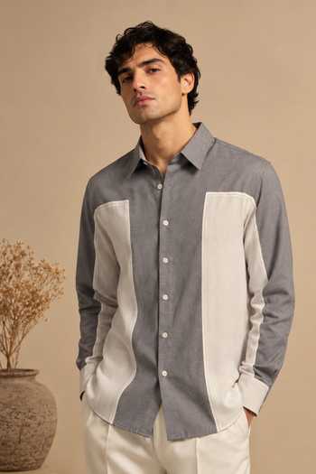 Mayank Modi - Men Grey & White Malai Cotton Shirt