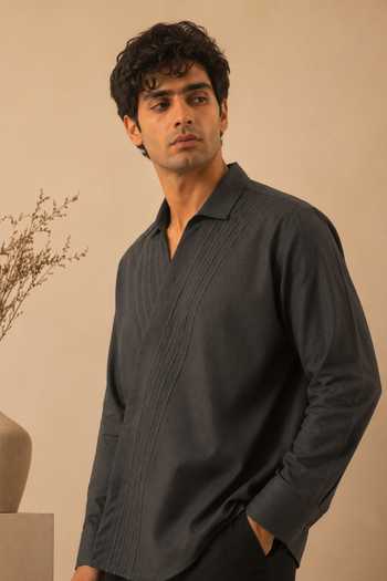Mayank Modi - Men Grey Cotton Pleated Wrap Shirt Online at Aza Fashions Mayank Modi - Men_Grey Cotton Pleated Wrap Shirt _Online_at_Aza_Fashions