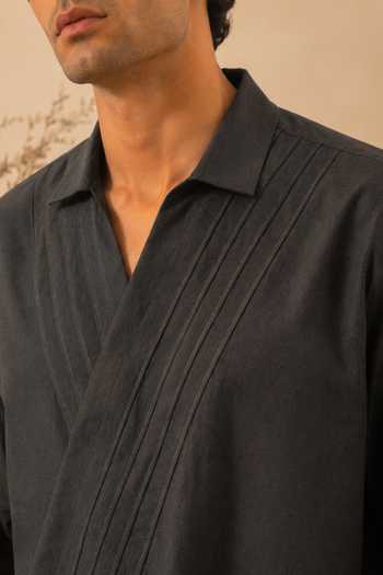Shop Mayank Modi - Men Grey Cotton Pleated Wrap Shirt Online at Aza Fashions Shop_Mayank Modi - Men_Grey Cotton Pleated Wrap Shirt _Online_at_Aza_Fashions