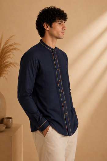 Mayank Modi - Men Blue Cotton Pintuck Shirt Online at Aza Fashions Mayank Modi - Men_Blue Cotton Pintuck Shirt _Online_at_Aza_Fashions