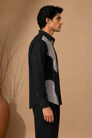 Mayank Modi - Men Black Cotton Color Block Shirt Online at Aza Fashions Mayank Modi - Men_Black Cotton Color Block Shirt _Online_at_Aza_Fashions
