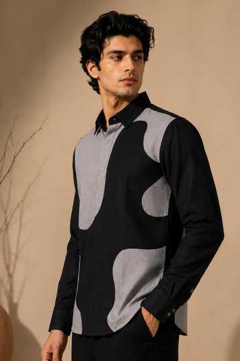 Shop Mayank Modi - Men Black Cotton Color Block Shirt Online at Aza Fashions Shop_Mayank Modi - Men_Black Cotton Color Block Shirt _Online_at_Aza_Fashions