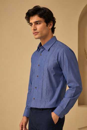 Shop_Mayank Modi - Men_Blue Cotton Denim Malai Shirt _Online_at_Aza_Fashions