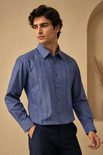 Mayank Modi - Men Denim Blue Malai Cotton Shirt