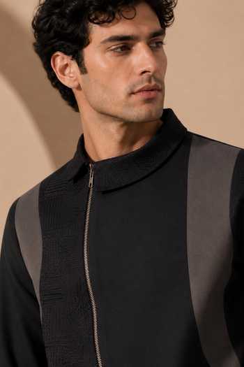 Shop Mayank Modi - Men Black Silk, Cotton Textured Bomber Jacket Online at Aza Fashions Shop_Mayank Modi - Men_Black Silk, Cotton Textured Bomber Jacket _Online_at_Aza_Fashions