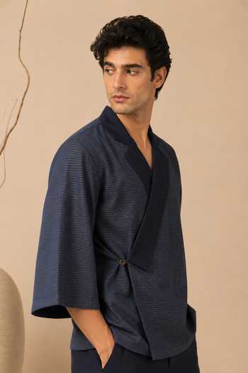 Shop Mayank Modi - Men Blue Cotton Kota Jacket Online at Aza Fashions Shop_Mayank Modi - Men_Blue Cotton Kota Jacket _Online_at_Aza_Fashions