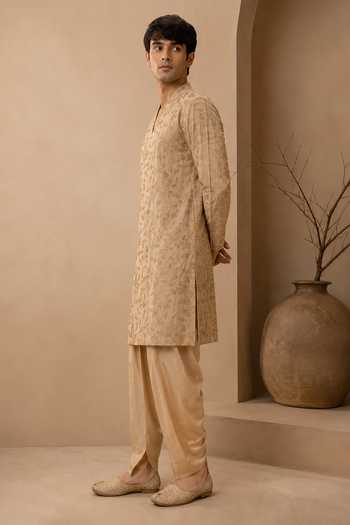 Shop Mayank Modi - Men Gold Chanderi Silk Kurta Set Online at Aza Fashions Shop_Mayank Modi - Men_Gold Chanderi Silk Kurta Set _Online_at_Aza_Fashions