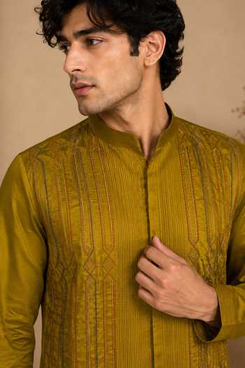 Shop_Mayank Modi - Men_Yellow Fiona Embroidered Kurta Set _Online_at_Aza_Fashions
