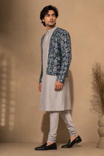 Mayank Modi - Men Silver Chanderi Silk Kurta Set Online at Aza Fashions Mayank Modi - Men_Silver Chanderi Silk Kurta Set _Online_at_Aza_Fashions