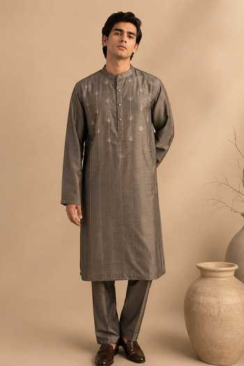 Mayank Modi - Men Grey Silk, Bemberg Embroidered Kurta Set Online at Aza Fashions Mayank Modi - Men_Grey Silk, Bemberg Embroidered Kurta Set _Online_at_Aza_Fashions