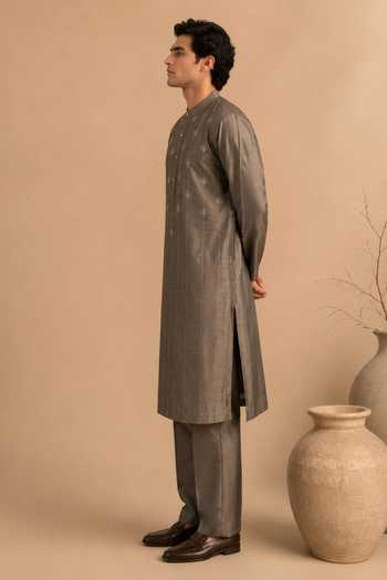Buy Mayank Modi - Men Grey Silk, Bemberg Embroidered Kurta Set Online at Aza Fashions Buy_Mayank Modi - Men_Grey Silk, Bemberg Embroidered Kurta Set _Online_at_Aza_Fashions