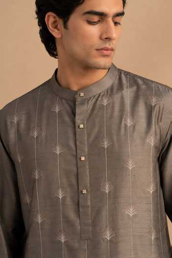 Shop Mayank Modi - Men Grey Silk, Bemberg Embroidered Kurta Set Online at Aza Fashions Shop_Mayank Modi - Men_Grey Silk, Bemberg Embroidered Kurta Set _Online_at_Aza_Fashions